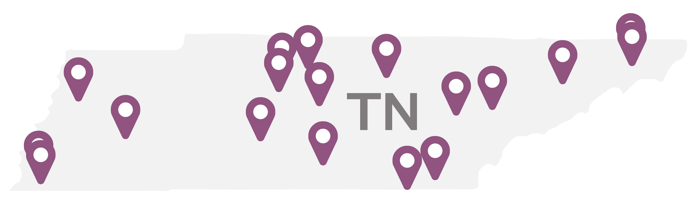 A map of Tennessee with purple flags marking the colleges in this study