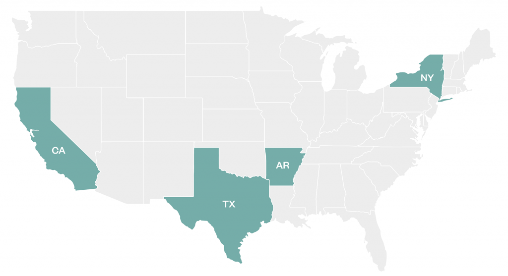 California, Texas, Arkansas, and New York