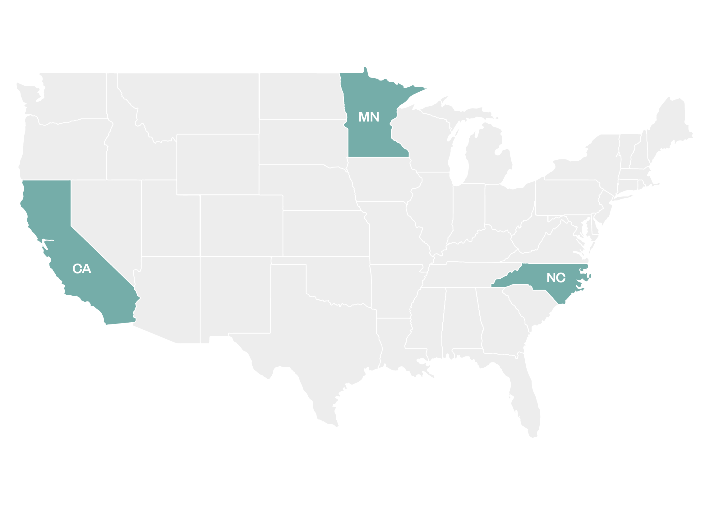 A United States map with California, Minnesota, and North Carolina highlighted