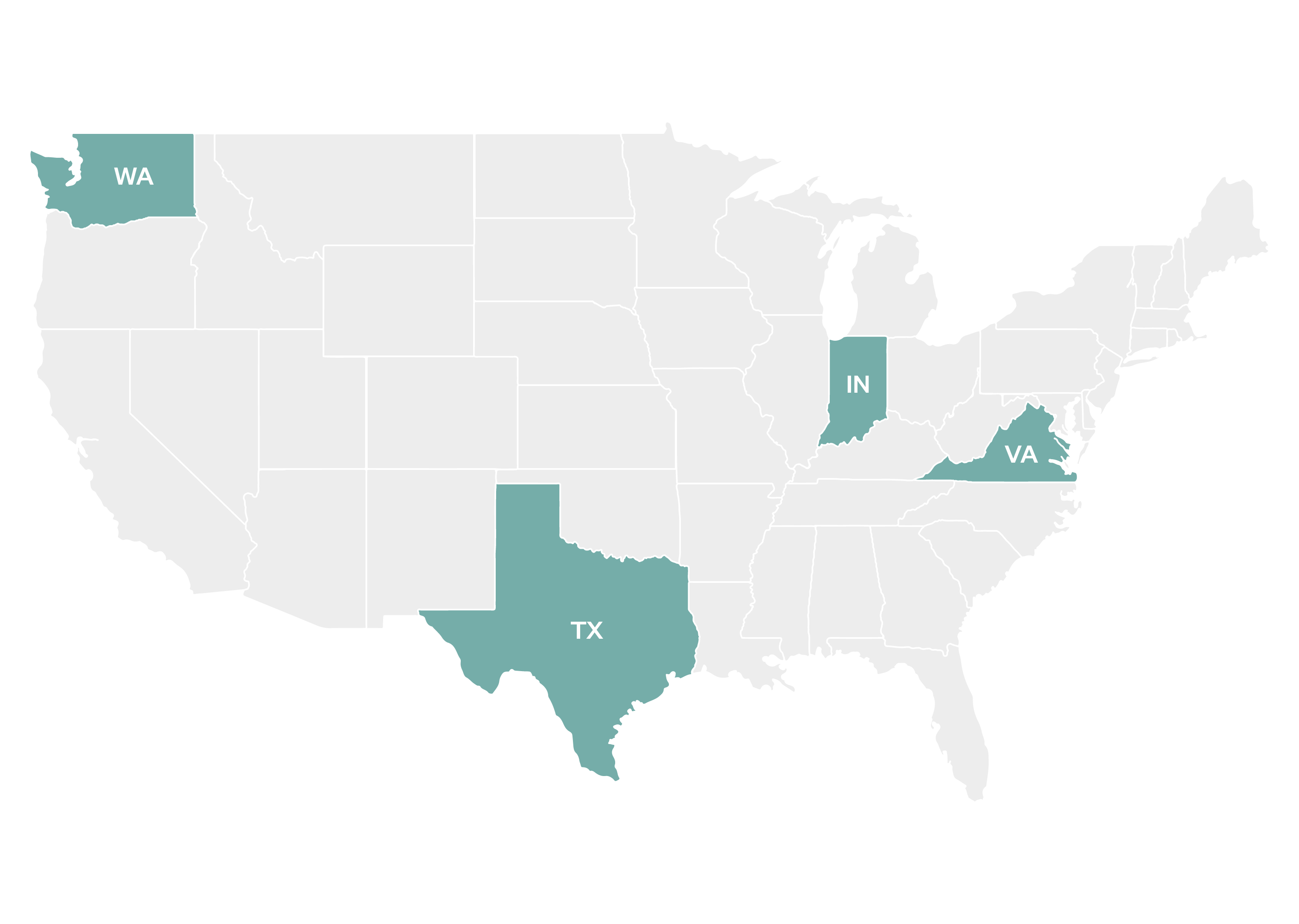 A map highlighting Washington, Texas, Indiana, and Virginia